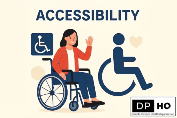 An illustration promoting 'ACCESSIBILITY' and social inclusion by the Disable Persons Health Organization (DP-HO), featuring a smiling woman in a wheelchair waving. By creating accessible environments and offering support with a heart, society can effectively combat and prevent social isolation for people with disabilities.