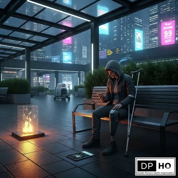 Disable Persons Health Organization logo and a person experiencing social isolation on a park bench.