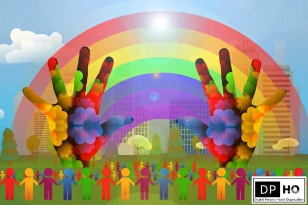 Disable Persons Health Organization logo on an illustration of diverse people holding hands under a rainbow, representing a unified community effort to end social isolation.