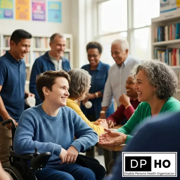Disable Persons Health Organization logo and a person in a wheelchair interacting with others to overcome social isolation.