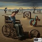 Disable Persons Health Organization logo and a person in a wheelchair experiencing social isolation in a landscape filled with decaying social media logos.