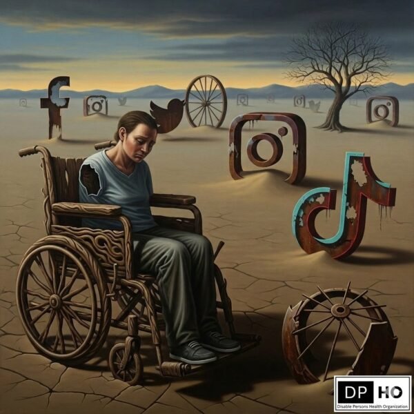 Disable Persons Health Organization logo and a person in a wheelchair experiencing social isolation in a landscape filled with decaying social media logos.