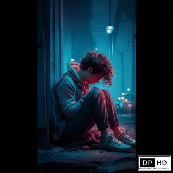 Disable Persons Health Organization (DP-HO) logo on an image of a person sitting alone in the dark, highlighting the emotional impact of social isolation and offering a message of support.