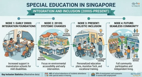 Expert infographic detailing the history of SPECIAL EDUCATION IN SINGAPORE - INTEGRATION AND INCLUSION (2000S-PRESENT), illustrating the rise of wheelchair accessibility in Singapore, Individualized Learning Plans (ILP), and holistic inclusion, by Imtiyaz Ali (dp-ho).