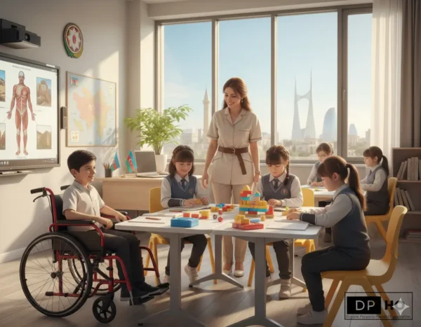 A bright, modern classroom in Baku, Azerbaijan, showing a young female teacher working with a group of students. One student is in a wheelchair, and the children are engaged in a learning activity with colorful building blocks at a large table. Through the large window, the Flame Towers are visible in the city skyline. A digital screen on the wall displays a map of Azerbaijan and educational diagrams. The DP-HO (Disable Persons Health Organization) logo is located in the bottom right corner.Spl. Education in Azerbaijan