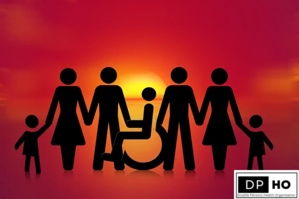 A symbolic silhouette of a diverse family and individuals holding hands, including a person in a wheelchair, set against a vibrant sunset. This represents the progress of Special Education in China and the nation's commitment to disability rights and inclusive community support in 2026. The DP-HO Disable Persons Health Organization logo is in the bottom right.