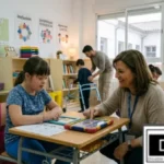An inclusive classroom setting illustrating special education in Spain, featuring a female teacher helping a young girl with Down syndrome use a tablet, while another educator supports a student using a walker in the background.