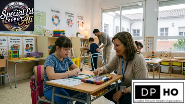 An inclusive classroom setting illustrating special education in Spain, featuring a female teacher helping a young girl with Down syndrome use a tablet, while another educator supports a student using a walker in the background.