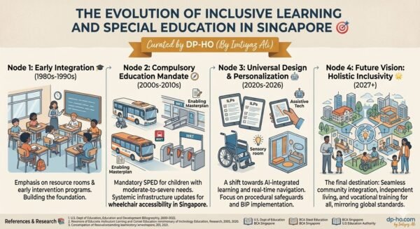 Comprehensive infographic detailing the Evolution of Inclusive Learning and Special Education in Singapore, including infrastructure updates for wheelchair accessibility in Singapore 2026, Individualized Learning Plans (ILP), and future integration by Imtiyaz Ali (dp-ho).