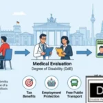 An infographic detailing the formalized process of Acquiring a D. Certificate in Germany, from Application at the Versorgungsamt and Medical Evaluation of GdB to Issuance of the Schwerbehindertenausweis card, which provides benefits such as Tax Relief, Employment Protection, and Free Public Transport.