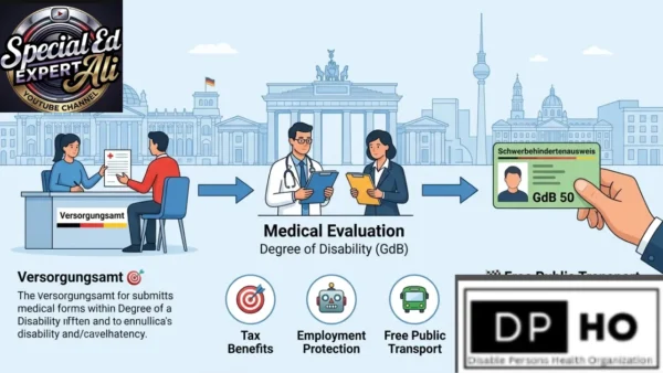 An infographic detailing the formalized process of Acquiring a D. Certificate in Germany, from Application at the Versorgungsamt and Medical Evaluation of GdB to Issuance of the Schwerbehindertenausweis card, which provides benefits such as Tax Relief, Employment Protection, and Free Public Transport.