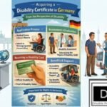 A detailed educational infographic titled "Acquiring a Disability Certificate in Germany - From the Perspective of Disability." The main infographic is a vertical layout with rounded sections and illustrations in a friendly, vector art style with a light teal and orange color palette. The header features the title in bold blue and white text on a scroll-like banner, with "Germany" highlighted in yellow. Below the title, the German flag flies next to an illustration of the Brandenburg Gate.