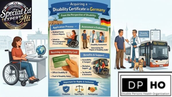 A detailed educational infographic titled "Acquiring a Disability Certificate in Germany - From the Perspective of Disability." The main infographic is a vertical layout with rounded sections and illustrations in a friendly, vector art style with a light teal and orange color palette.The header features the title in bold blue and white text on a scroll-like banner, with "Germany" highlighted in yellow. Below the title, the German flag flies next to an illustration of the Brandenburg Gate.