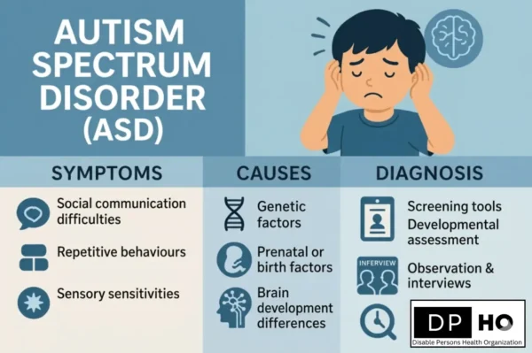 Alt Text: An informative infographic explaining Autism Spectrum Disorder (ASD) symptoms, causes, and diagnosis, featuring 2026 trends and a 2029 expert outlook by DP-HO.