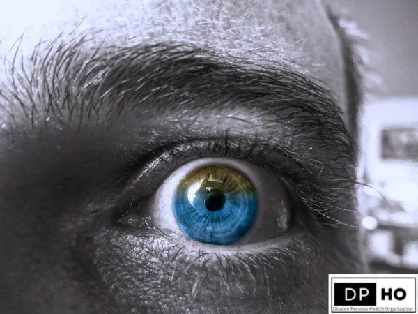 A detailed close-up of a human eye with a striking blue and gold iris, representing the concept of "Autism and Visual Impairment, A Closer Look." The image highlights the complexity of sensory perception and the importance of clinical observation in special education. The logo for "DP-HO Disable Persons Health Organization" is displayed in the bottom right corner.