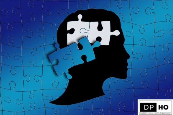 A silhouette of a human head in profile against a gradient blue puzzle piece background, suggesting concepts related to Autism and Visual Impairment. The top part of the brain area is depicted as interlocking white puzzle pieces, with loose blue puzzle pieces appearing to float away from the head, symbolizing the connection between cognitive processing and sensory perception. In the bottom right corner is a logo in a white box with black text that reads 'DP-HO Disable Persons Health Organization.'