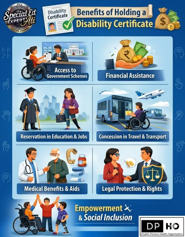 A high-resolution, professional infographic titled "Benefits of Holding a Disability Certificate - From the Perspective of Disability." The design uses a clean, modern aesthetic with a deep blue background and white content panels.At the top-left, the "Special Ed Expert Ali" YouTube channel logo is displayed, while the bottom-right features the "DP HO" (Disable Persons Health Organization) logo.