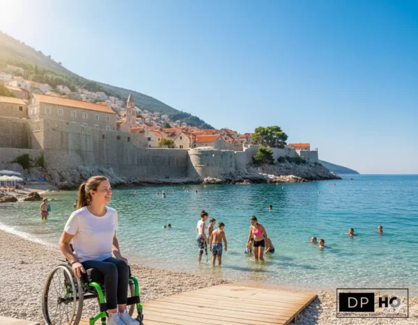 A bright, sunny photograph of a coastal beach in Croatia, featuring a young woman in a green and black wheelchair smiling on a wooden accessible ramp. In the background, people are swimming in clear turquoise water against the backdrop of a historic Mediterranean walled city and hills. A blue sign with a wheelchair icon and Croatian text is visible in the foreground, and the "Disable Persons Health Organization" (DP HO) logo is placed in the bottom right corner.