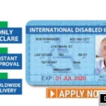 An image illustrating a non-standardized process for obtaining an 'International Disabled ID Card', claiming 'Stage 1: Only Declare', 'Stage 2: Instant Approval', and 'Stage 3: Worldwide Delivery'. This flowchart does not represent the official, strict medical assessment-based application for a Disability Card in Denmark mandated by Danish municipalities (Kommuner) in 2026. Includes the DP-HO organization logo.