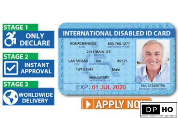 An image illustrating a non-standardized process for obtaining an 'International Disabled ID Card', claiming 'Stage 1: Only Declare', 'Stage 2: Instant Approval', and 'Stage 3: Worldwide Delivery'. This flowchart does not represent the official, strict medical assessment-based application for a Disability Card in Denmark mandated by Danish municipalities (Kommuner) in 2026. Includes the DP-HO organization logo.