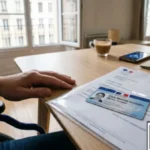 A person in a wheelchair sits at a wooden desk reviewing their official Disability Certificate in France, known as the "Carte Mobilité Inclusion" (CMI). The CMI card, which features a photo and the mention "Invalidité," is placed atop a "Dossier MDPH" (Maison Départementale des Personnes Handicapées) folder, representing the administrative process for obtaining disability rights and benefits in France. A smartphone with a universal accessibility icon is visible on the desk alongside a cup of coffee.