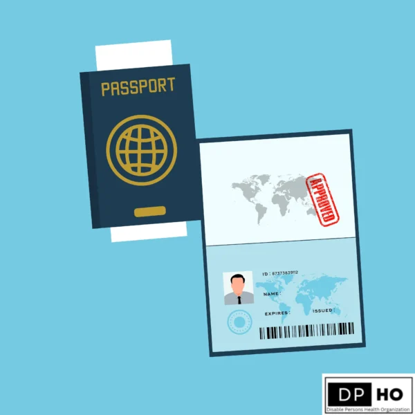 A comprehensive three-stage guide for obtaining a Disability Card Denmark, highlighting the process from declaration to instant approval and worldwide delivery. Features the DP-HO (Disable Persons Health Organization) branding for expert authority