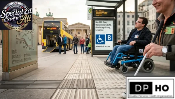 A bright, accessible bus stop in Berlin demonstrating the high standards of Germany for Special Persons. The image features a man in a modern blue power wheelchair waiting at a station equipped with tactile paving, clear wheelchair access signage, and an accessible double-decker bus with an automated ramp, branded by Special Ed Expert Ali and DP-HO.
