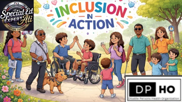 An illustration titled 'Inclusion in Action' showing a diverse community in a park, representing the inclusive spirit of Special Education in Germany. The image features children in wheelchairs giving high-fives, a visually impaired man with a service dog, and families walking together. This diverse representation aligns with modern standards of Special Education in Germany. Includes 'Special Ed Expert Ali' and 'DP-HO' organization branding.
