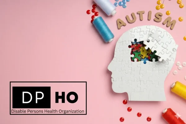 Disable Persons Health Organization logo and Autism awareness concept with puzzle head.