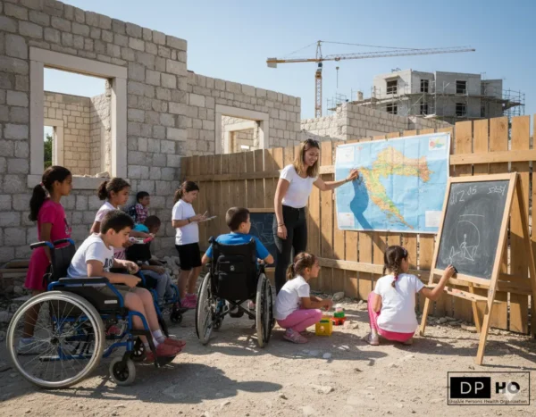 A powerful outdoor scene representing post-war reconstruction and inclusive education in Croatia. A female teacher stands next to a large map of Croatia pinned to a wooden fence, teaching a diverse group of children. Two of the children are in wheelchairs, and another is drawing on a chalkboard. In the background, stone buildings are under repair with a construction crane visible, symbolizing growth and rebuilding. The "Disable Persons Health Organization" (DP HO) logo is positioned in the bottom right corner.