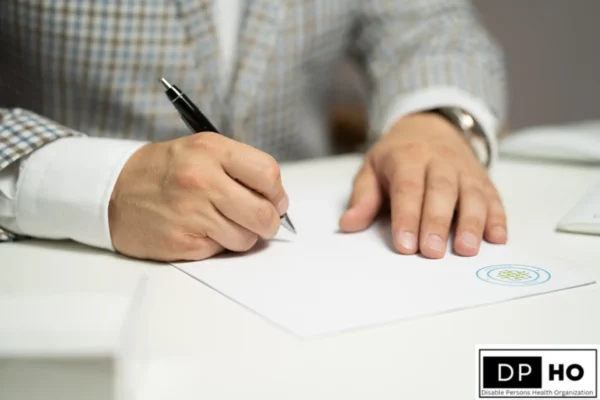 A professional signing the necessary medical documentation and Medical Assessment for Ledsagekort required to obtain a Disability Card Denmark. This visual represents the formal eligibility evaluation by Danish municipalities.