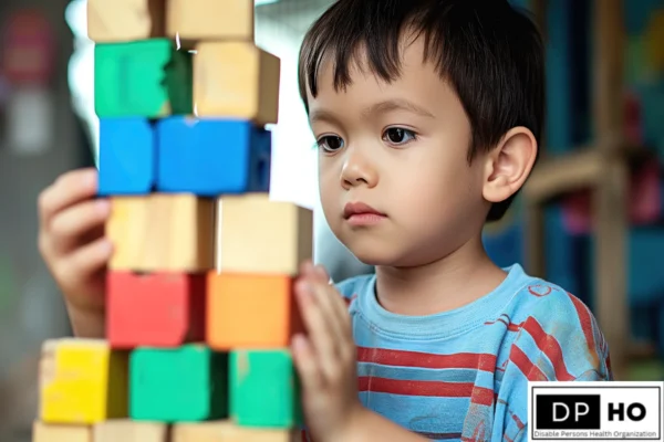 Sensory processing difficulties in a child with autism and visual impairment playing with colorful wooden blocks.