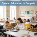 A supportive special education classroom in Bulgaria featuring a teacher assisting a young boy in a wheelchair with a tablet. Other students are working at their desks in the background. The image includes the text 'Special Education in Bulgaria' and the DP-HO (Disable Persons Health Organization) logo in the bottom right corner. Special Education in Bulgaria.