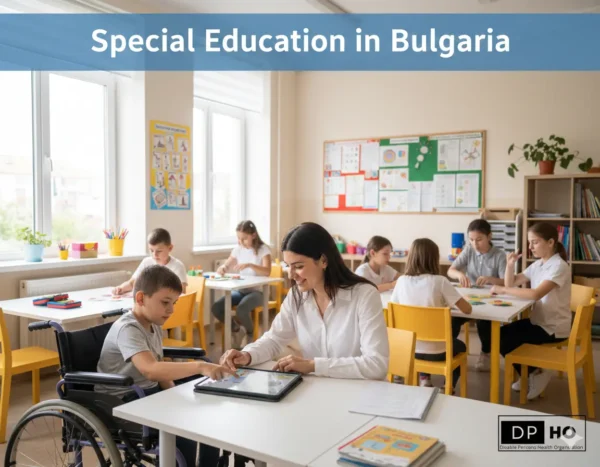 A supportive special education classroom in Bulgaria featuring a teacher assisting a young boy in a wheelchair with a tablet. Other students are working at their desks in the background. The image includes the text 'Special Education in Bulgaria' and the DP-HO (Disable Persons Health Organization) logo in the bottom right corner. Special Education in Bulgaria.