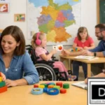 A vibrant inclusive classroom illustrating Special Education in Germany. The scene shows diverse students engaged in learning activities, including a boy with Down syndrome building a colorful block tower and a girl in a wheelchair using headphones. A map of Germany is prominently displayed in the background, symbolizing the national approach to Special Education in Germany. Features the 'Special Ed Expert Ali' and 'DP-HO' organization logos.