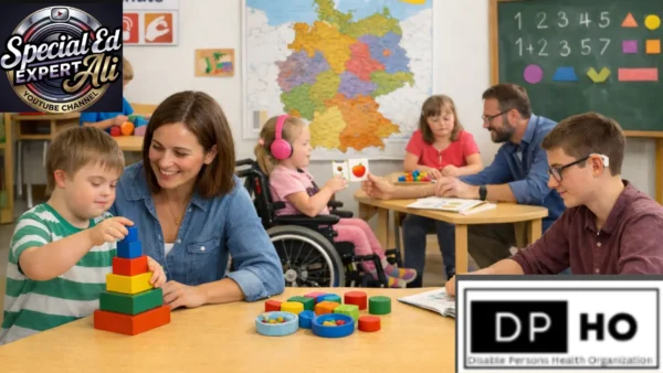 A vibrant inclusive classroom illustrating Special Education in Germany. The scene shows diverse students engaged in learning activities, including a boy with Down syndrome building a colorful block tower and a girl in a wheelchair using headphones. A map of Germany is prominently displayed in the background, symbolizing the national approach to Special Education in Germany. Features the 'Special Ed Expert Ali' and 'DP-HO' organization logos.