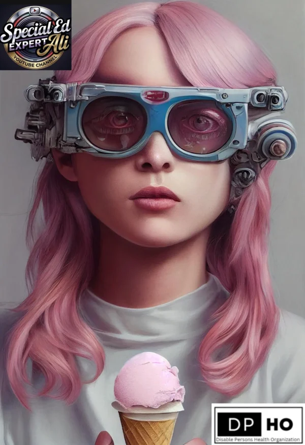 "A high-authority, technical portrait illustrating the 2026-27 standards for Neuro-affirming Inclusion. The image features a stylized young woman with vibrant pink hair, wearing advanced blue holographic glasses that symbolize AI-driven support and cognitive adaptive technology in inclusive education. She holds a matching pink ice cream cone, emphasizing sensory comfort. This graphic, branded with the Special Ed Expert Ali and DP-HO (Disable Persons Health Organization) logos, showcases the evolution of Autism Awareness vs. Autism Acceptance in Georgia and the USA through innovative solutions like Procedural Safeguards and Activity-Based Learning.