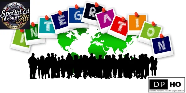 A colorful collage of interlocking puzzle pieces representing the conceptual shift from Autism Awareness vs. Autism Acceptance. The central red piece prominently displays the text 'AUTISM AWARENESS'. The graphic features the Special Ed Expert Ali YouTube logo and the DP-HO organization logo to highlight professional neurodiversity advocacy