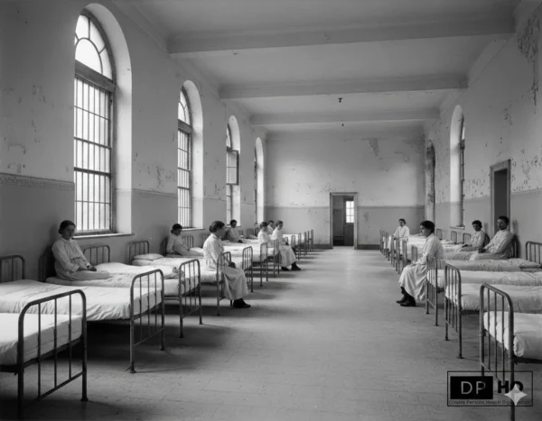 A black and white historical-style photograph of a long, sparse institutional ward. Rows of simple metal frame beds line both sides of the room, with several women in period-accurate white dresses sitting or lying on them. Tall, arched windows with bars look out onto a bright light. In the bottom right corner, there is a black rectangular logo for the "Disable Persons Health Organization" (DP HO).