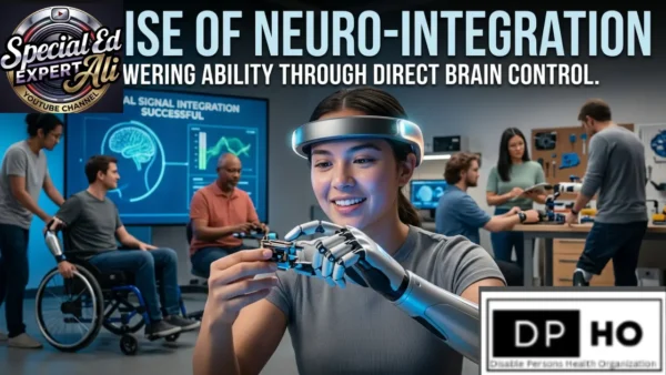 A vibrant depiction of advanced neuro-integration and its potential, often explored in innovative settings like Germany for Special Persons. A woman uses a BCI headset and robotic hand, while a man in a wheelchair uses a similar device. The DP-HO and 'Special Ed Expert Ali' logos underscore the professional focus on empowering ability through brain control, showcasing the successful 'NEURAL SIGNAL INTEGRATION.
