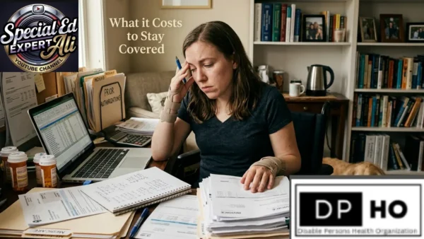 Depicting the personal effort involved in maintaining healthcare coverage, this image shows a woman reviewing healthcare costs—a vital topic for those navigating the system in Germany for Special Persons. Her focus on financial documentation and medication management highlights the commitment to sustainable independent living, presented by the Disable Persons Health Organization (DP-HO).