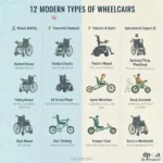 An informative infographic showing 12 Modern Types of Wheelchairs including manual, electric, sports, and specialized models for inclusive mobility research 2026-27 by Imtiyaz Ali.