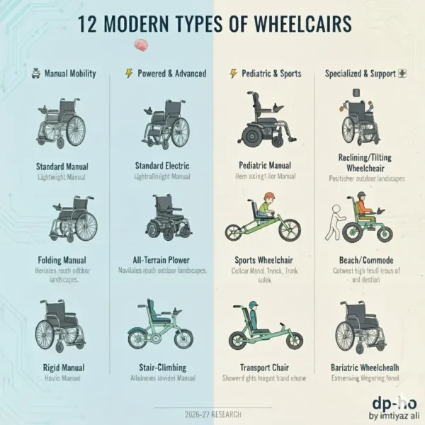 An informative infographic showing 12 Modern Types of Wheelchairs including manual, electric, sports, and specialized models for inclusive mobility research 2026-27 by Imtiyaz Ali.