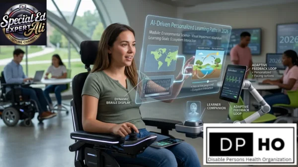 A diverse inclusive classroom in 2026, where a student with physical and sensory disabilities utilizes AI-Driven Personalized Learning Paths on a complex holographic display, featuring dynamic Braille and haptic feedback. Other students, including those with different Mobility Disabilities, interact with adaptive technology under the guidance of DP-HO and Special Ed Expert Ali.