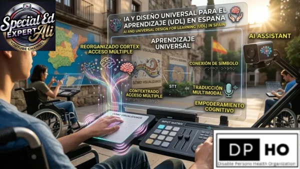 An advanced inclusive learning environment demonstrating AI and Universal Design for Learning (UDL) in Spain for students with disabilities. In the foreground, a student in a wheelchair uses an input matrix control board and a dynamic tactile braille smart-pad labeled "CÓMO VISUALIZAMOS" (How We Visualize). A transparent heads-up display overlays educational graphics in Spanish and English detailing brain neuroplasticity ("Reorganizado Cortex"), multimodal translation, and cognitive empowerment. An AI assistant camera tracks the environment while other students in wheelchairs use accessible, high-tech workstations in an outdoor courtyard background.