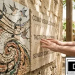 A close-up showing a person's hands actively reading a tactile, accessible stone plaque mounted on an outdoor wall, representing how blind people visualize through multi-sensory avenues. The plaque includes Spanish text and raised Braille dots that read "CÓMO VISUALIZAMOS" (How We Visualize), "TACTO COMO FORMA" (Touch as Shape), and "SONIDO COMO COLOR" (Sound as Color). To the left of the plaque is an intricate, textured mosaic featuring musical notes and birds, allowing for both visual and tactile artistic exploration.