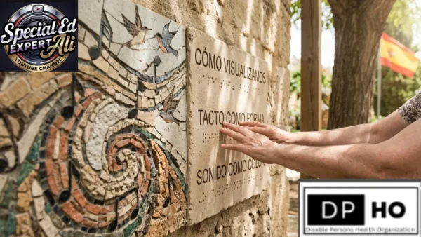 A close-up showing a person's hands actively reading a tactile, accessible stone plaque mounted on an outdoor wall, representing how blind people visualize through multi-sensory avenues. The plaque includes Spanish text and raised Braille dots that read "CÓMO VISUALIZAMOS" (How We Visualize), "TACTO COMO FORMA" (Touch as Shape), and "SONIDO COMO COLOR" (Sound as Color). To the left of the plaque is an intricate, textured mosaic featuring musical notes and birds, allowing for both visual and tactile artistic exploration.