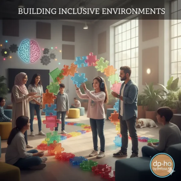 A diverse classroom setting showcasing building inclusive environments as part of a comprehensive Guide to Autism by expert Imtiyaz Ali, featuring students and teachers collaborating in a neurodiversity-friendly space.