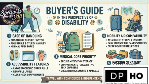 An informative infographic titled 'Buyer’s Guide in the Perspective of Disability' by Special Ed Expert Ali, illustrating five essential criteria for selecting Travel Gear & Bags: ease of handling, accessibility features like ergonomic zippers, medical core priority for supplies, mobility aid compatibility, and organized packing strategies for independence.