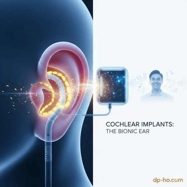 A professional medical illustration of Cochlear Implants (The Bionic Ear) showing internal and external components, featured on dp-ho by Imtiyaz Ali for hearing impairment awareness.